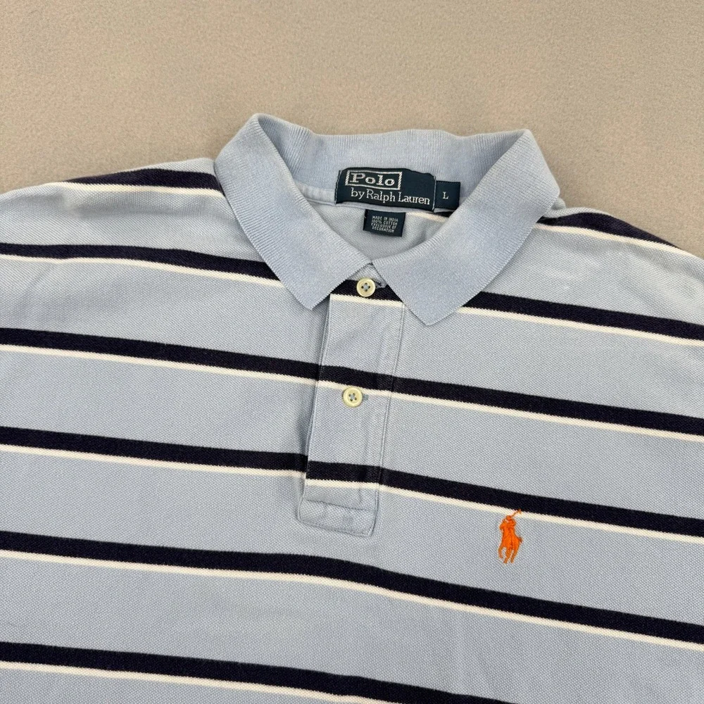 Polo Ralph Lauren Short Sleeve Pique Polo Shirt Mens‎ L Blue Striped Orange Pony